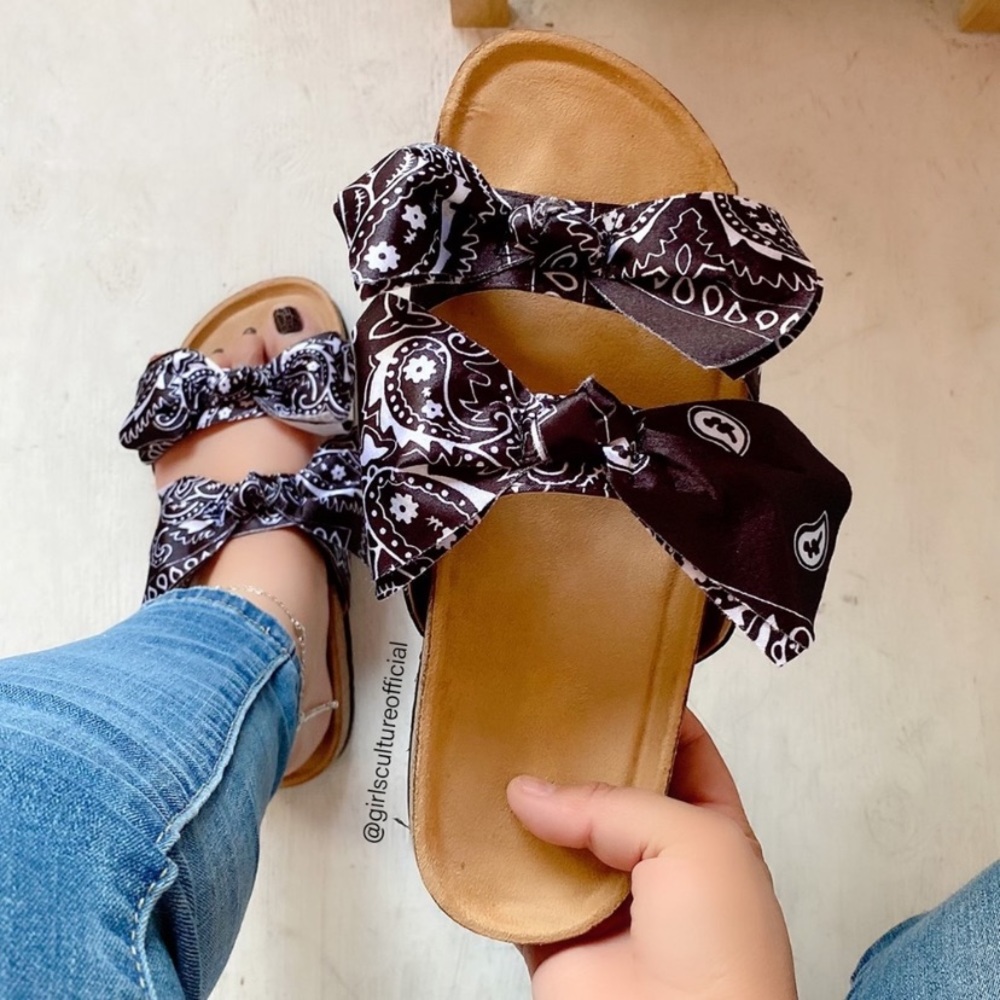 Black Bandana Double Bow Sandals Slides
